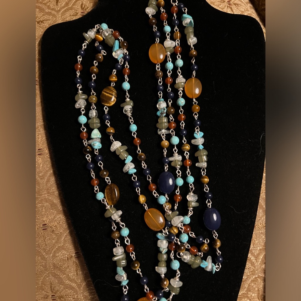 38” double strand multi colored bead and stone necklace